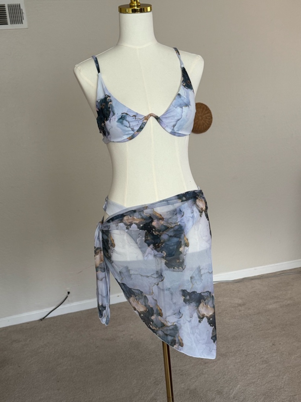 Marble Print Bikini Set with Sheer Sarong - Blue & Gray